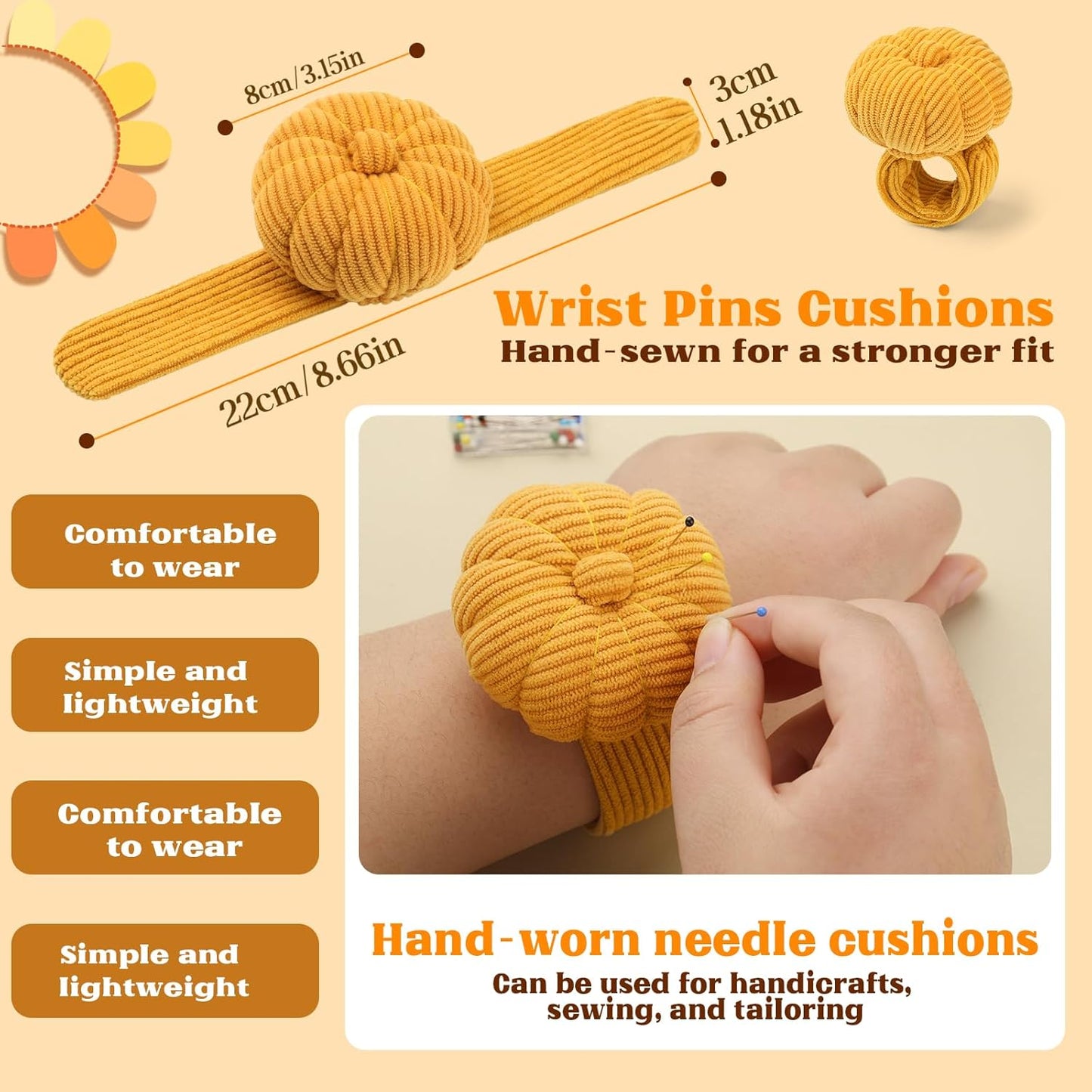 UzecPk Wrist Pin Cushions for Sewing Cute, Sewing Pin Cushion, Wrist Pin Cushion Finger Ring Pincushion with Elastic Strap, Sewing Products with 200PCS Sewing Pins for Sewing and Quilting