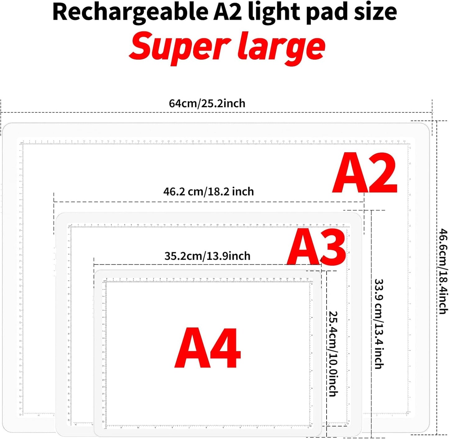 TOHETO Rechargeable Magnetic A2 Light Board 25.2''x18.4'', Large Diamond Painting Light Pad with Side Buttons, 3 Light Colors Light Box for Tracing and Drawing, Dimming LED Light Table for Sketching