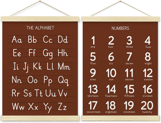BONETAT Numbers alphabet poster for Nursery Toddlers,Correct Letter Formation on Line Paper, Play Room Wall Decor,ABC Wall Chart,Preschool Homeschool Decor Kids Wall Decor,Wooden Alphabet Banner-A09