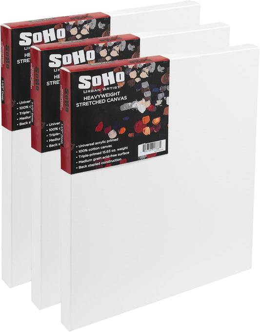 SoHo Urban Artist, 16x20 Heavyweight Stretched Cotton Canvas for Painting - 1.5" Deep- 3 Pack, Triple Primed, 100% Cotton Canvas, Archival, Universal Primed for Oil, Acrylic, Alkyd, Mixed Media