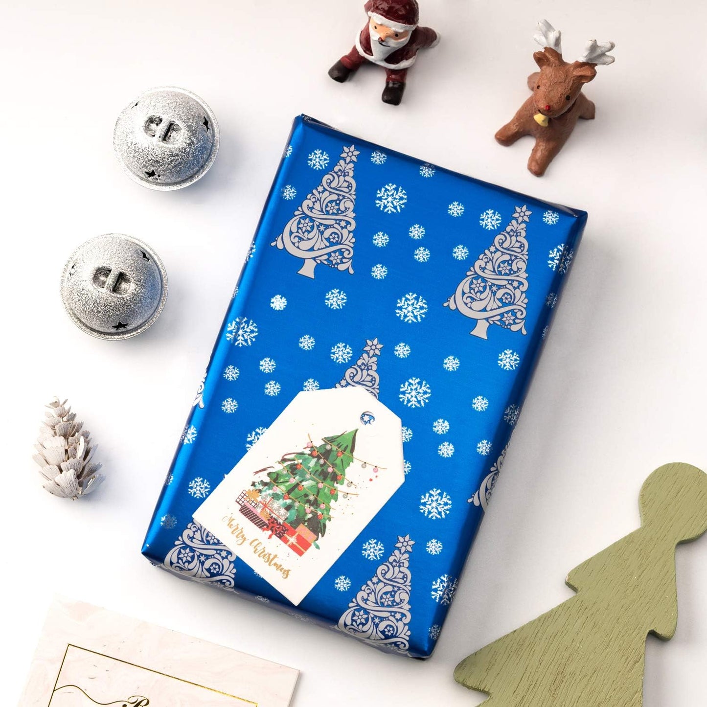 WRAPAHOLIC 30 Inch Christmas Wrapping Paper Roll - Jumbo Roll Blue and Silver Snowflake and Stripe Set with Metallic Foil Shine - 4 Rolls - 30 Inch x 120 Inch Per Roll