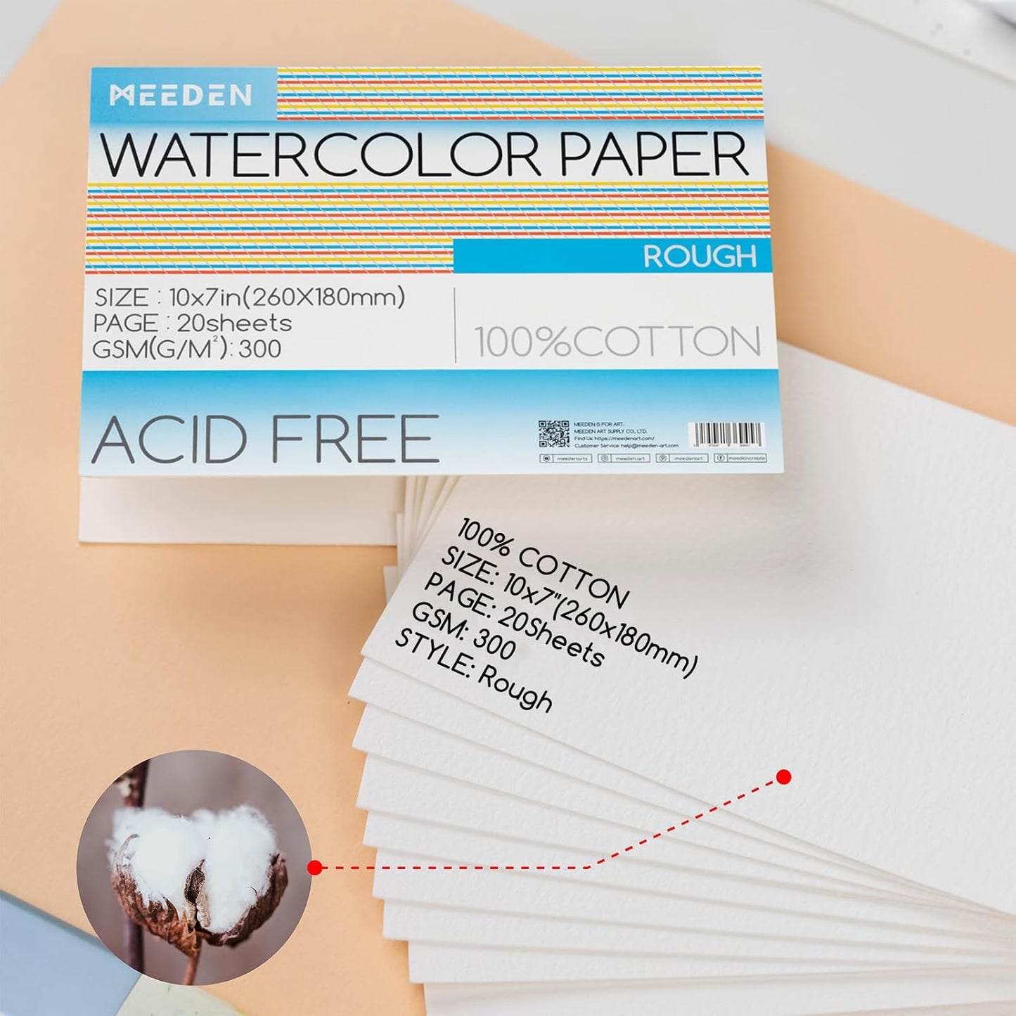 MEEDEN Watercolor Paper Block, 100% Cotton Watercolor Paper Pad of 20 Sheets, 140lb/300gsm, Acid-Free Art Paper for Watercolor, Gouache, Ink and More, 10" x 7" Rough Grain