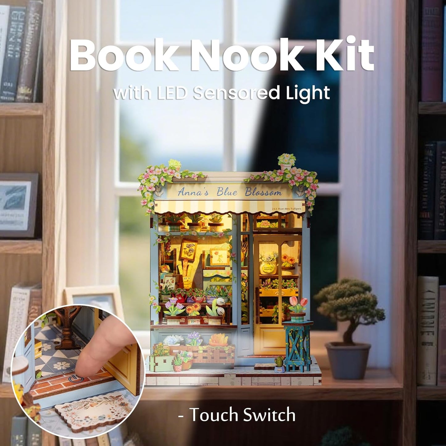 Fsolis Book Nook Kit - DIY Scene Miniature Dollhouse Kit for Adults, Bookshelf 3D Puzzles 255PCS, Tiny House Mini Flower Shop Model Booknook Craft, Gifts for Women Puzzle Lovers (Anna's Blue Blossom)