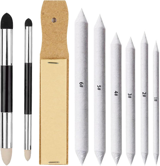Haojiaho Blending Stump, 9pcs Blending Stumps, Blending Sponge Pens and Sandpaper Pencil Sharpener, Washable & Reusable, Tortillions Paper Art Blenders for Student Artist Charcoal Sketch Drawing