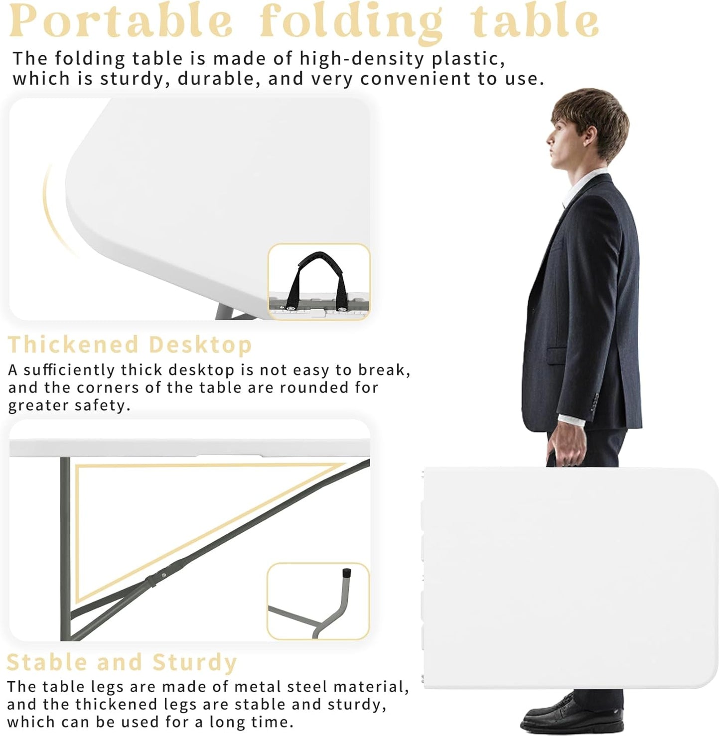 HAISIWLKJ Folding Table 8 FT Camping Table Portable Heavy Duty Plastic Rectangular Outdoor Dining Table Steel Legs Fold-in-Half with Carrying Handle for Indoor,Picnic,Party,Wedding,Events(White)