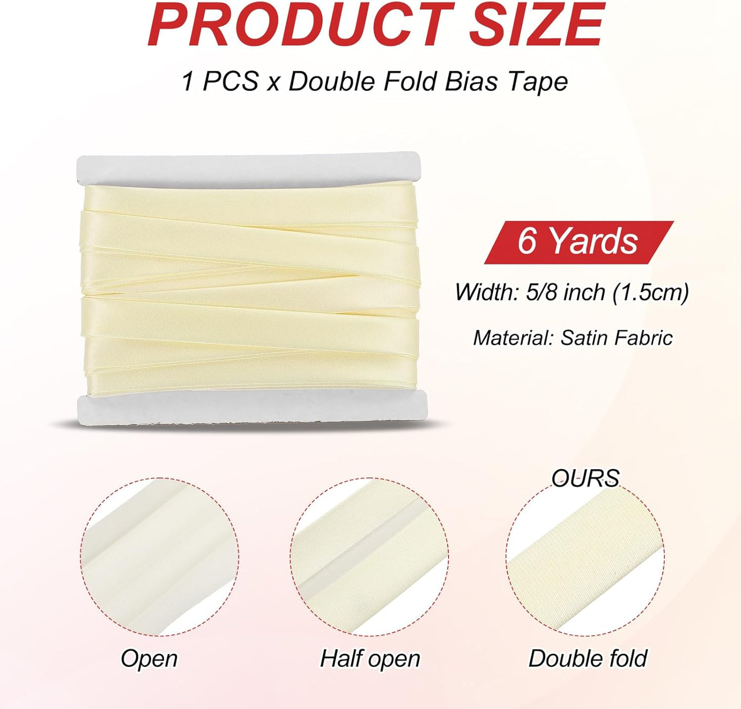 MECCANIXITY Double Fold Bias Tape for Sewing 5/8 Inch x 6 Yards Satin Pre-fold Continuous Binding Tape for Seaming Quilting Hemming Binding DIY Crafts, Beige White