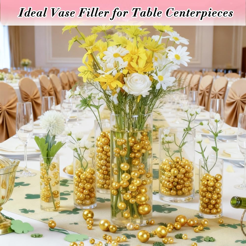 Pearl Beads No Hole Pearls for Crafting 180 Pcs Fake Pearls Bulk Faux Pearls for DIY Crafts Jewelry Making Vase Filler Floating Candle Wedding Birthday Party Home Decorations (Gold, 8/10/14/20mm)