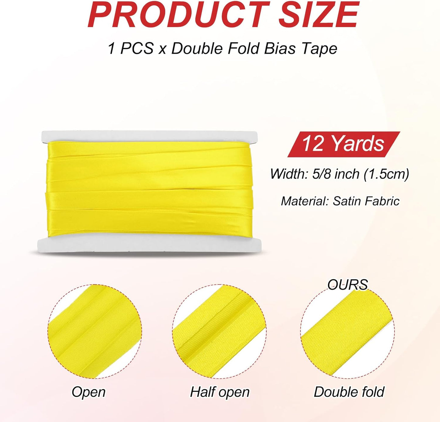 MECCANIXITY Double Fold Bias Tape for Sewing 5/8 Inch x 12 Yards Satin Pre-fold Continuous Binding Tape for Seaming Quilting Hemming Binding DIY Crafts, Yellow