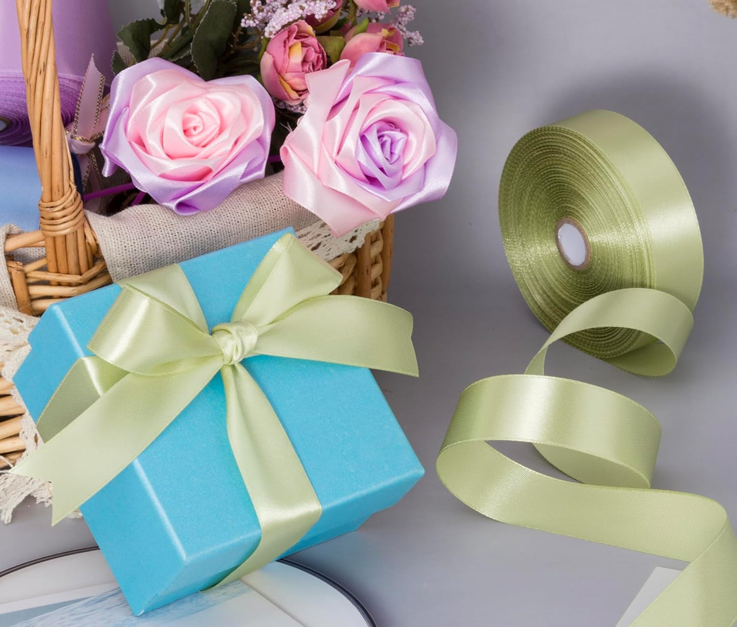 1 Inch Spring Green/Fresh Sprout Solid Satin Ribbon, 50 Yards Craft Fabric Ribbon for Gift Wrapping Floral Bouquets Wedding Party Decoration