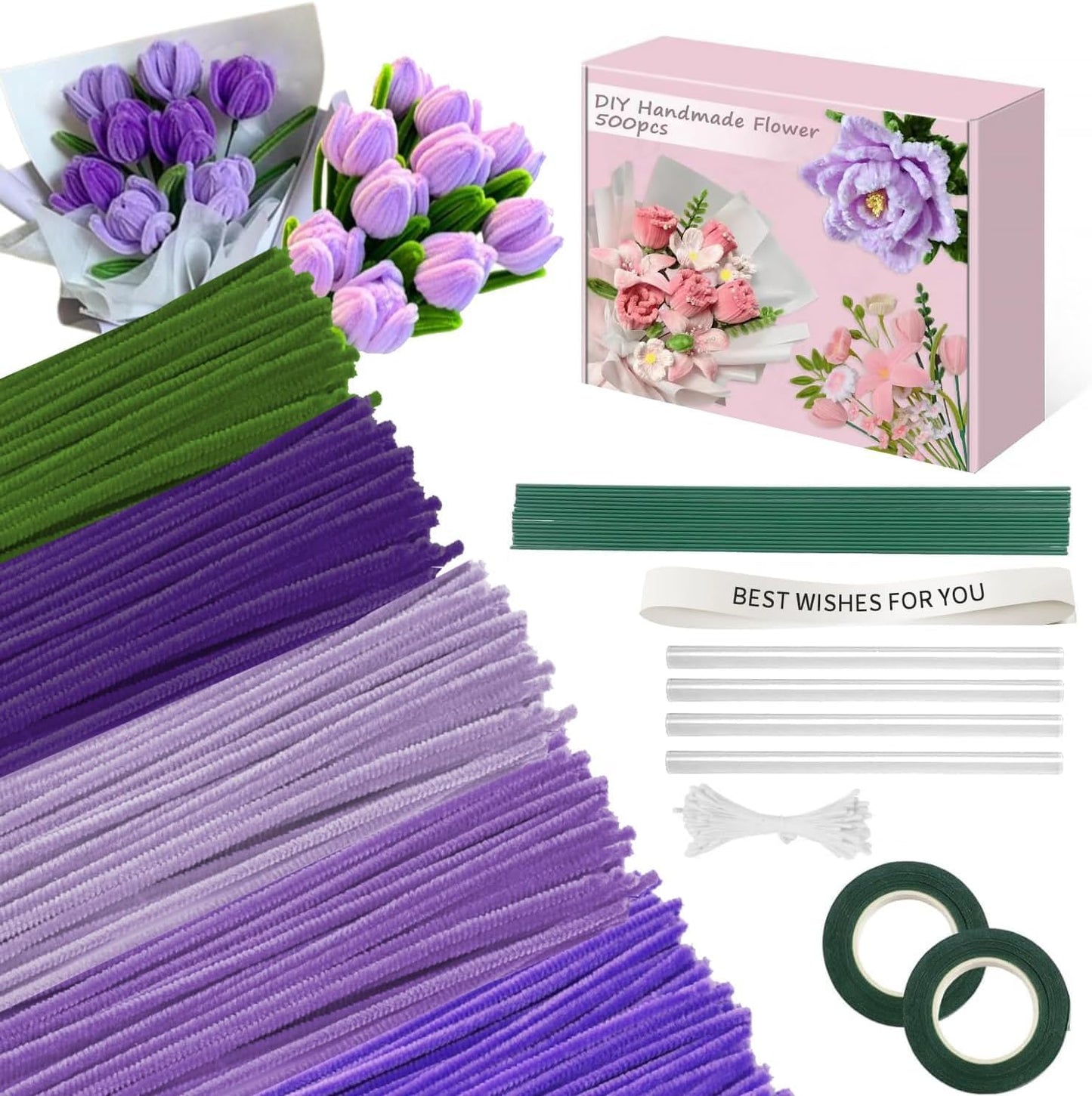 500 Pcs Pipe Cleaners Craft，5 Colors Pipe Cleaners Bulk,Chenille Stems Flowers Craft kit for DIY Handmade Bouquet Wrapping Party Decorations Whit Ribbons，Stems,Tape，Stamens, Glue Sticks (Purple)