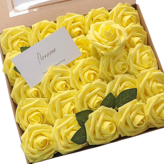 Floroom Artificial Flowers 25pcs Real Looking Canary Yellow Foam Fake Roses with Stems for DIY Wedding Bouquets Baby Shower Centerpieces Floral Arrangements Party Tables Home Decorations