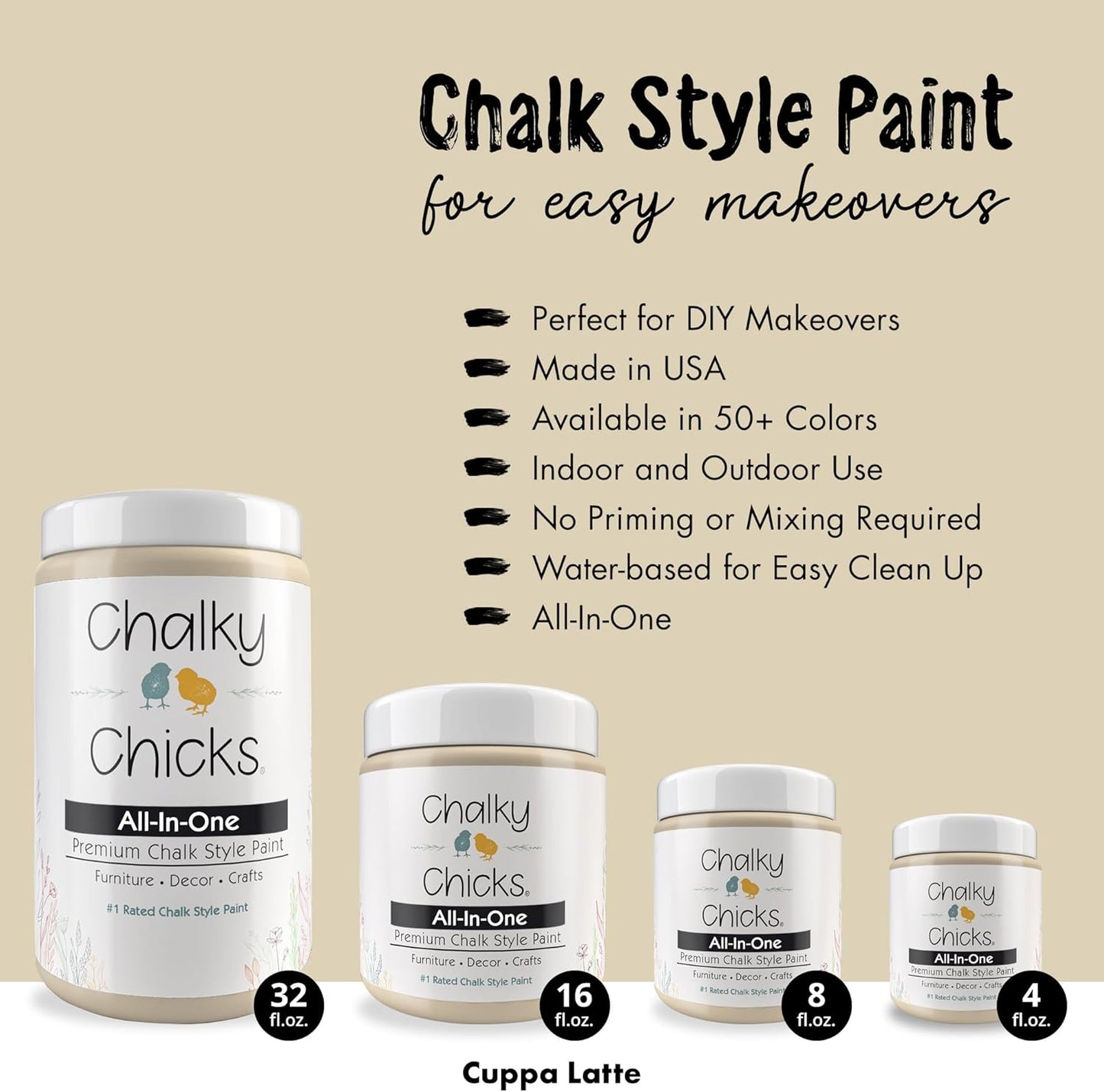 Chalky Chicks All-in-One Chalk Paint for Furniture or Cabinet - 8 Fl Oz - Matte Finish Cuppa Latte Tan for Metal, Wood Furniture Paint - No Sanding All-in-One for Home Decor & Crafts, USA Made