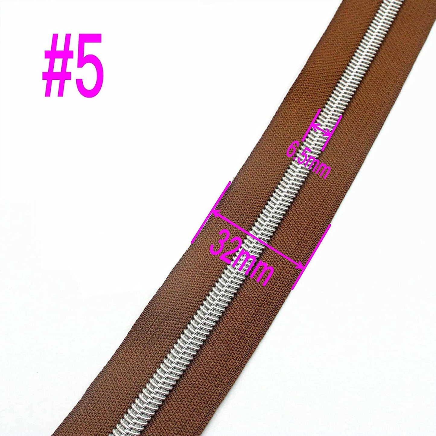 Leekayer #5 Metallic Silver Nylon Coil Zippers by The Yard Bulk 10 Yards Brown Zipper Tape with 25pcs Silver Sliders for DIY Sewing Tailor Craft Bag(Brown)