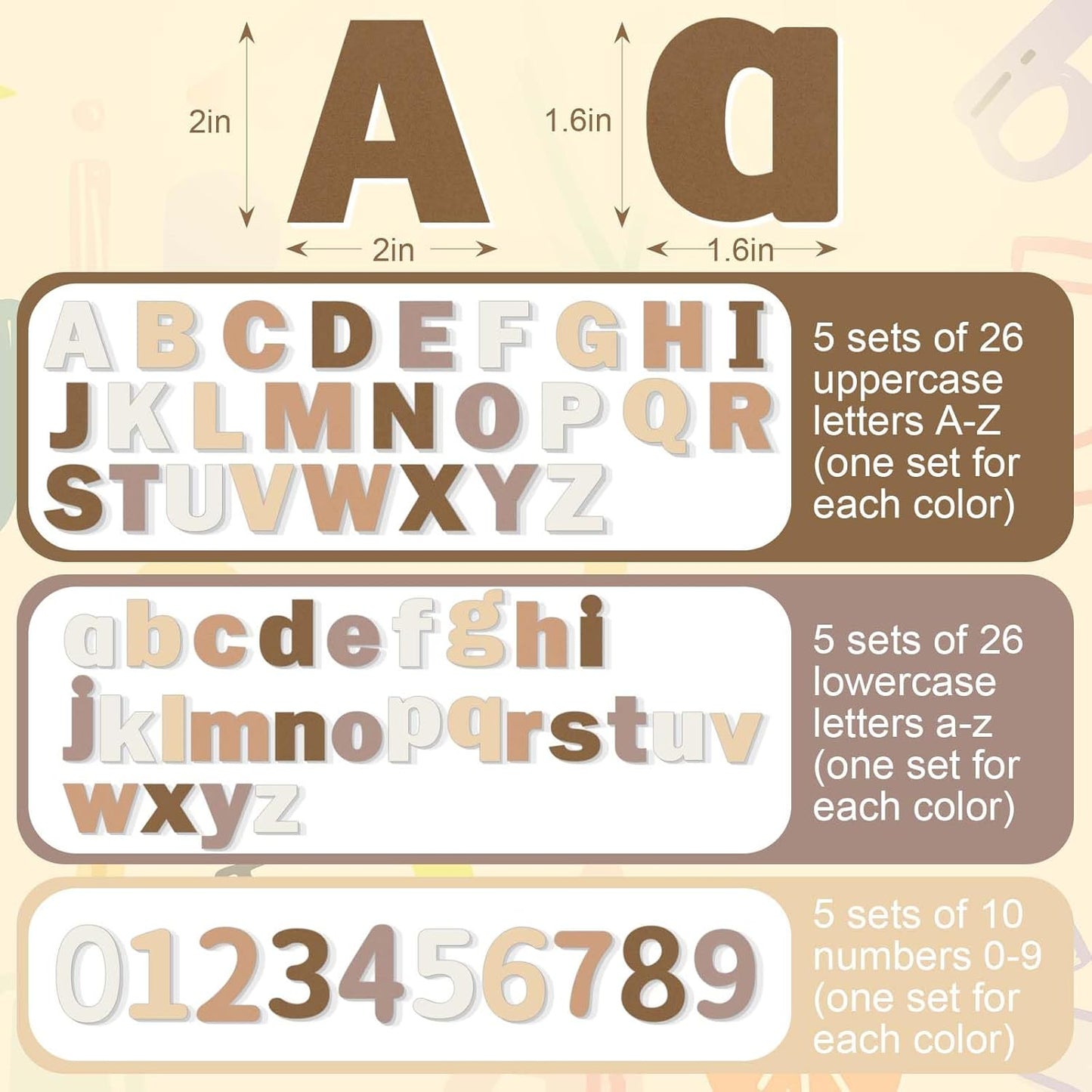 Breling 310 Pieces Felt Bulletin Board Letters Sticker with Number, 2" Bulk Self Adhesive ABC Upper Lowercase Sticky Letter for Christmas Gift Poster Bulletin Board Classroom(Brown Color)