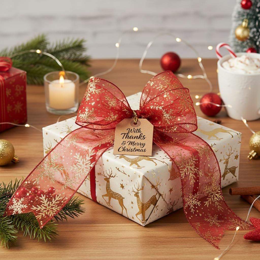 CT CRAFT LLC Organza with Red Glitter Snowflakes Wired Ribbon 2.5 inch x 50 Yards for Christmas Home Decor Tree Topper Bow Gift Wrapping DIY Crafts Wreath Garland Wedding