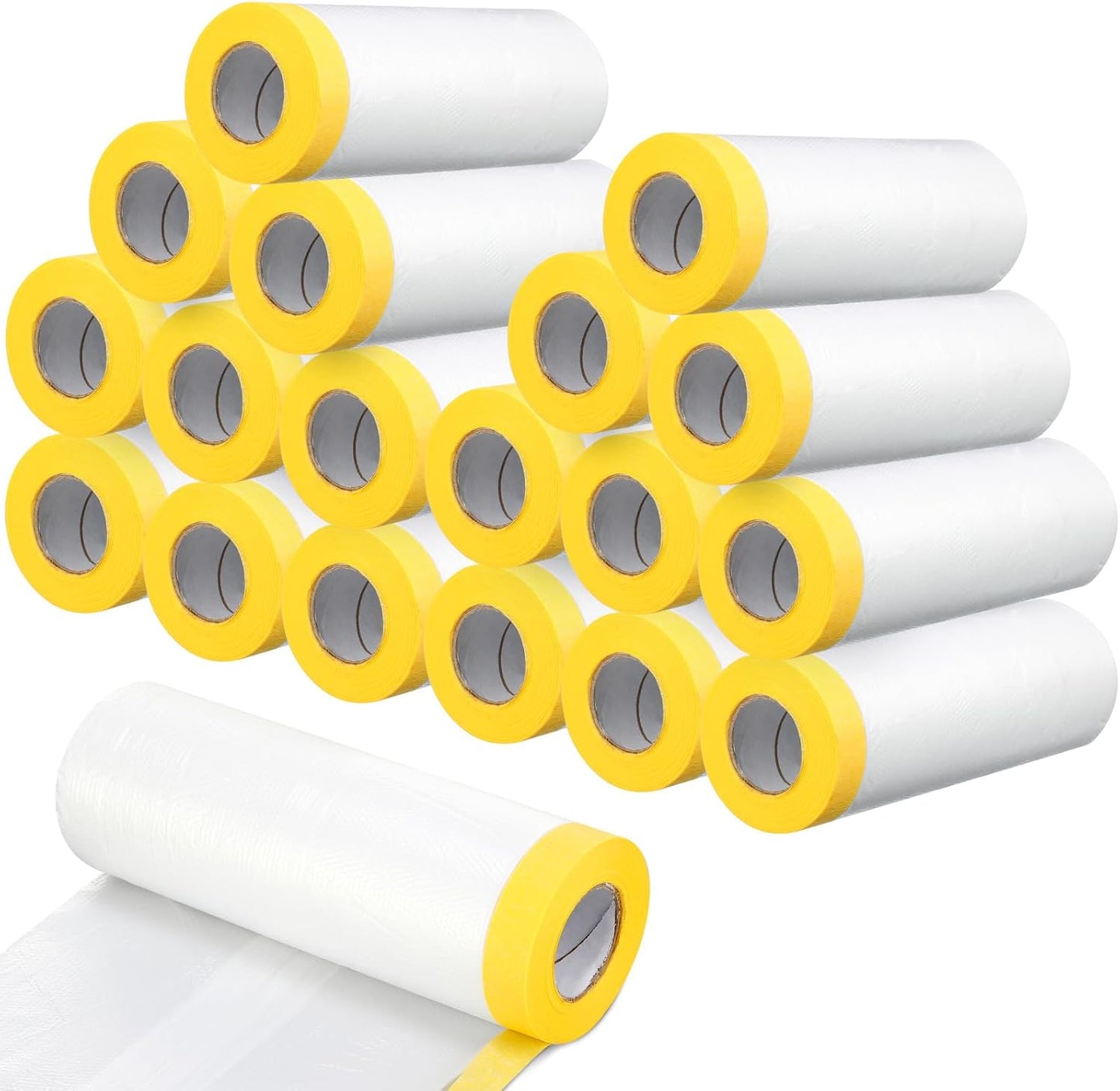 Seajan 18 Roll Painters Plastic with Tape Pre Taped Masking Film for Painting Automotive Paint Adhesive Protective Film Masking Tape Roll Plastic Painting Covering (White,5 x 65 Ft)