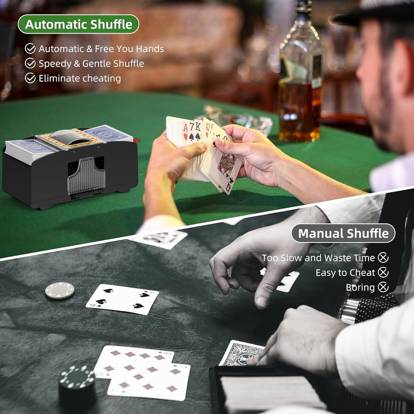 Automatic Card Shuffler 1/2/4/6 Decks,Battery Operated Electric Playing Card Shuffler for UNO,Casino Card Game,Poker,Phase 10,Blackjack,Texas Hold'em,Home Card Games