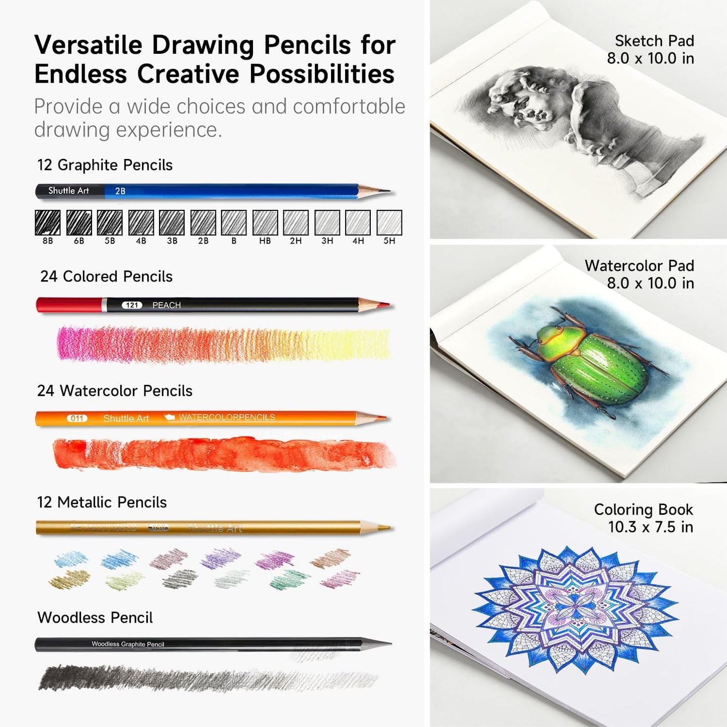 Shuttle Art 103 PCS Drawing Kit, Professional Drawing Supplies with Sketch, Charcoal, Colored, Graphite, Pastel Pencils & Sticks, Complete Drawing Tools and Paper Pads in Zipper Case for Artists&Kids