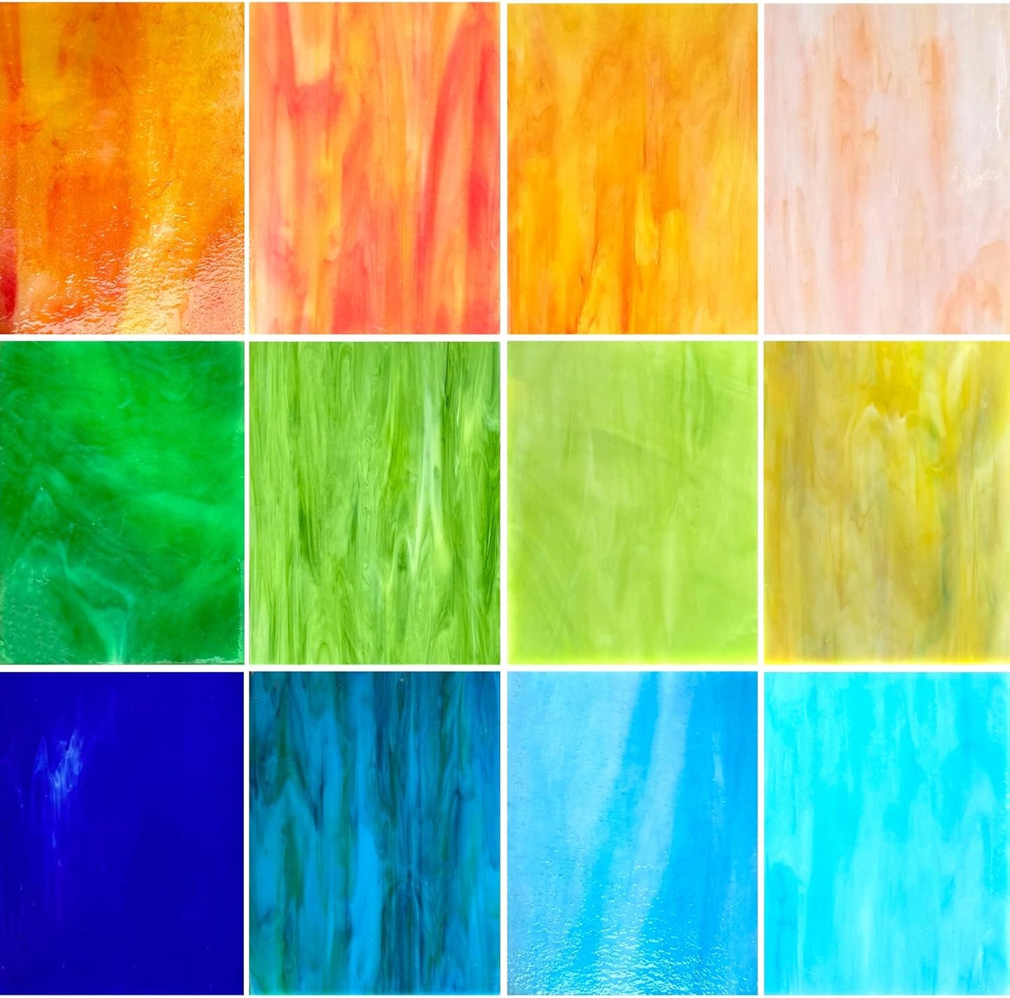 ILLUCKAI 12 Sheets Stained Glass Sheets Orange Green Blue Colors, 4 x 6 inch Cathedral Art Glass for Crafts, Stained Glass Supplies Mosaic Tiles for Projects