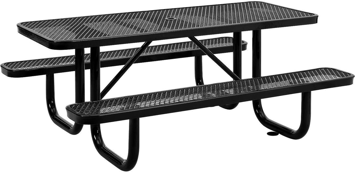 Global Industrial 6’L Rectangular Picnic Table, Expanded Metal, Black Thermoplastic Coating, Attached Benches, 1-1/2” Umbrella Pole Hole, Outdoor-Rated, 1000 lb Capacity, 72” x 30” Tabletop
