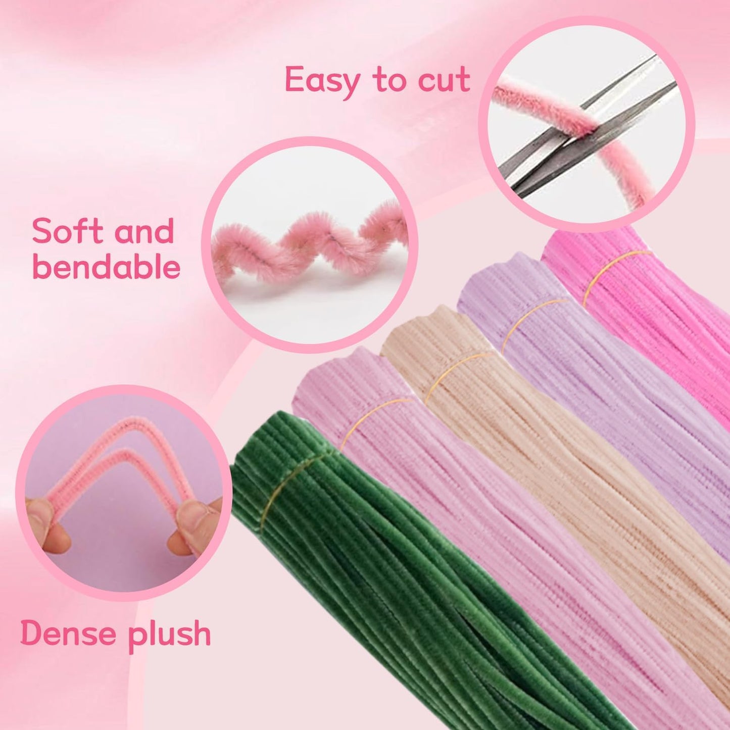 500 Pcs Pipe Cleaners Craft，5 Colors Pipe Cleaners Bulk,Chenille Stems Flowers Craft kit for DIY Handmade Bouquet Wrapping Party Decorations whit Ribbons，Stems,Tape，Stamens, Glue Sticks (Pink)