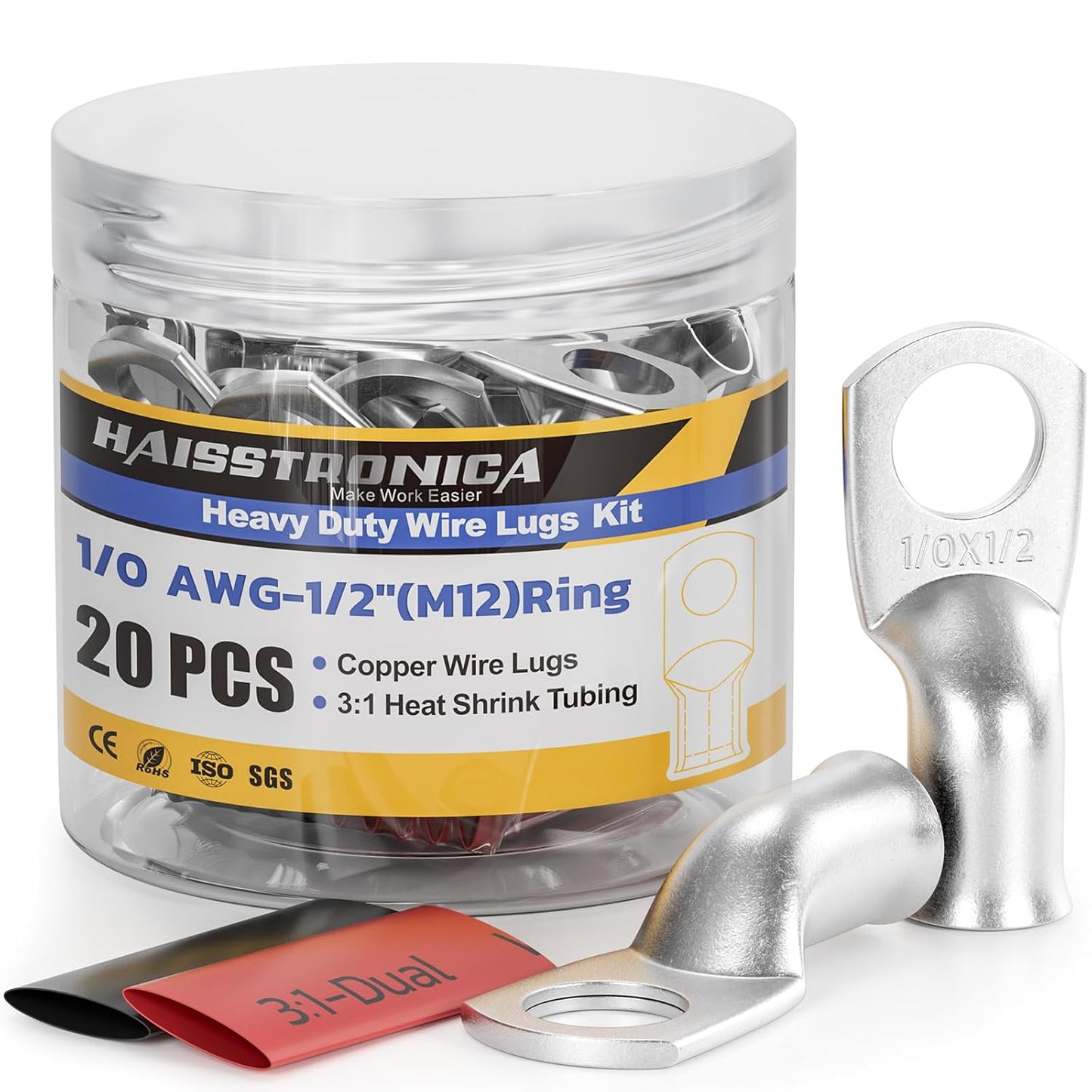 haisstronica 10pcs 1/0 AWG - 1/2" (M12) Tinned Copper Battery Lugs, Heavy Duty Copper Wire Lugs with 10pcs 3:1 Adhesive Heat Shrink Tubing, 0 Gauge Wire Lugs, Tinned Copper Battery Cable Ends