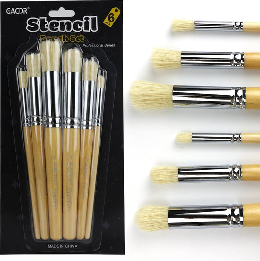 Wooden Stencil Brush Set, 6 Pieces Natural Hog Bristle Dome Stencil Brushes for Painting On Wood Wall, Stencil Projects, Card Making, DIY, Crafts and Acrylic Oil Watercolor Painting…