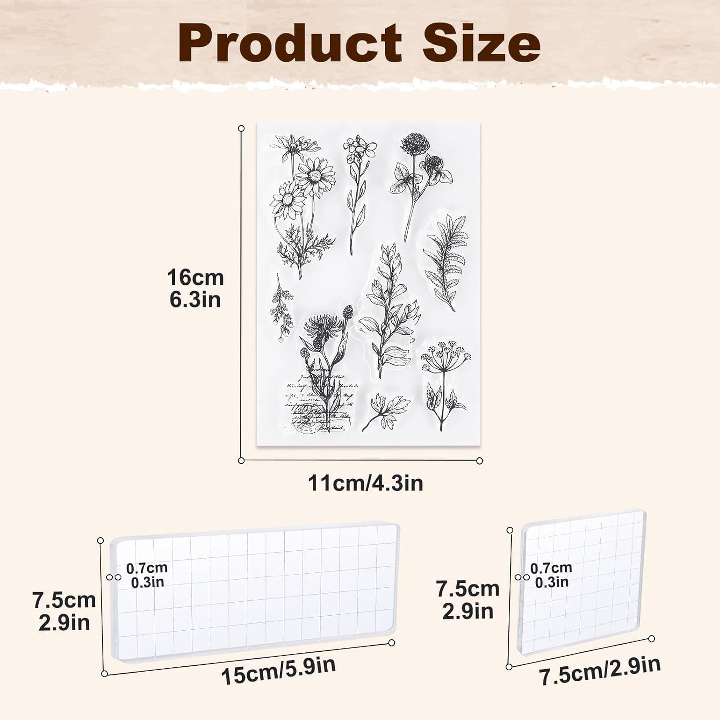 UCEC 8 Sheets Clear Stamps Set, 2 PCS Acrylic Stamp Block (15*5cm & 7.5*7.5cm), Vintage Plants Flower Rubber Silicone Stamps, Scrapbook Clear Stamp for Card Making & DIY Christmas Crafts Decoration