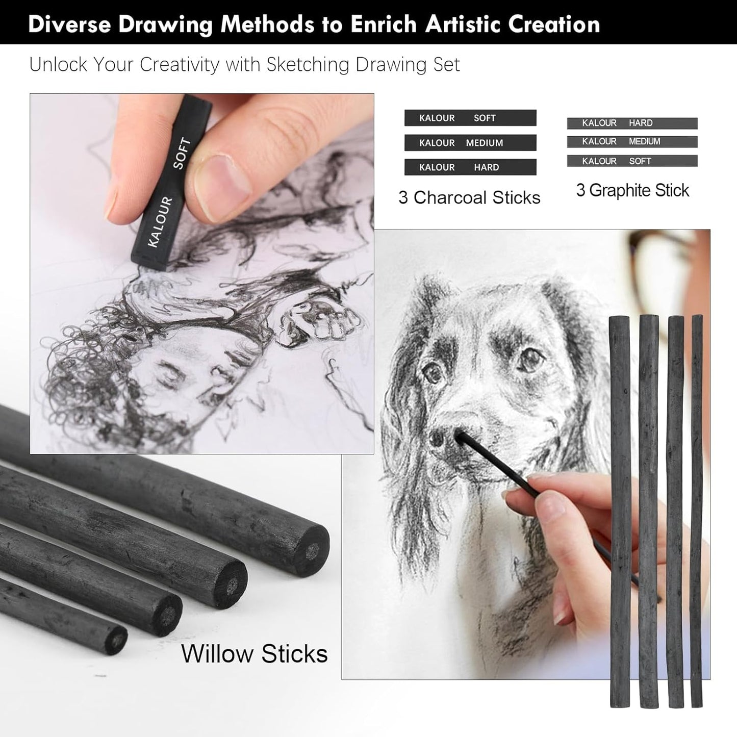 39pcs Drawing Pencil Set, Professional Sketch Pencils (5H-14B), Black and White Charcoal Pencils for Sketching, Eraser Brush Pen, Charcoal Sticks, Art Pencils Set for Artists & Beginners