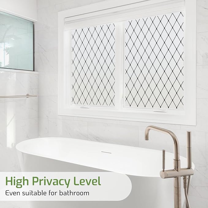 LUTE Frosted Window Privacy Film, Static Cling UV Sun Blocking Heat Control Window Cover, Removable Non-Adhesive Glass Sticker Vinyl Decorative Bathroom Frosting Decals, Black Lattice, 35.4" x 157.4"