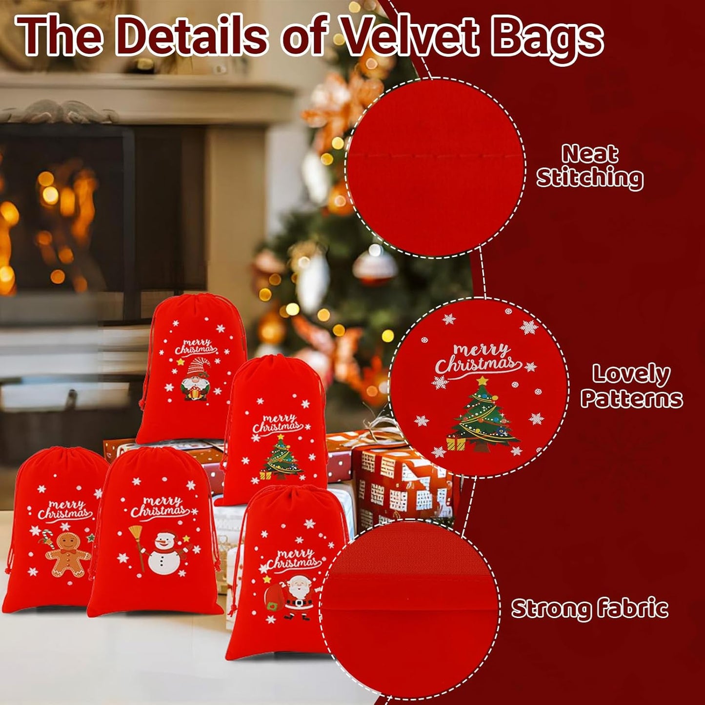 Tapleap Velvet Coth Christmas Bags with Drawstring, 50Pcs 5x7 for Wrapping Christmas Party Favors or Gifts for Friends, Small Bussiness, Children, Coworkers