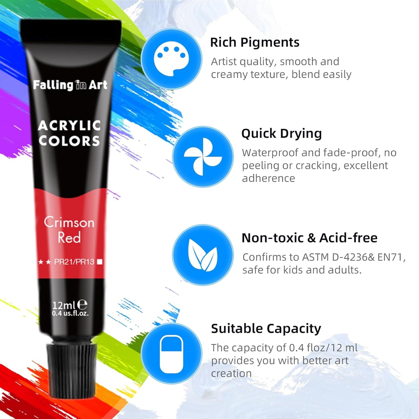 Falling in Art Acrylic Paint Set, 12 Tubes Non-Toxic Rich Pigments Colors with 6 Paintbrushes, Ideal for Painting on Canvas, Wood, Fabric, Craft Paint Set for Beginners and Artists