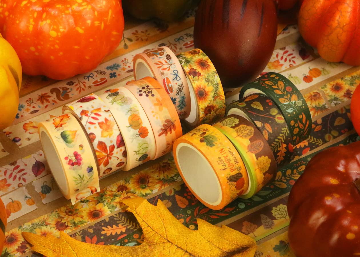 YUBBAEX 10 Rolls Four Seasons Washi Tape Set Yellow Leaves & Flowers Masking Decorative Tapes (Autumn)