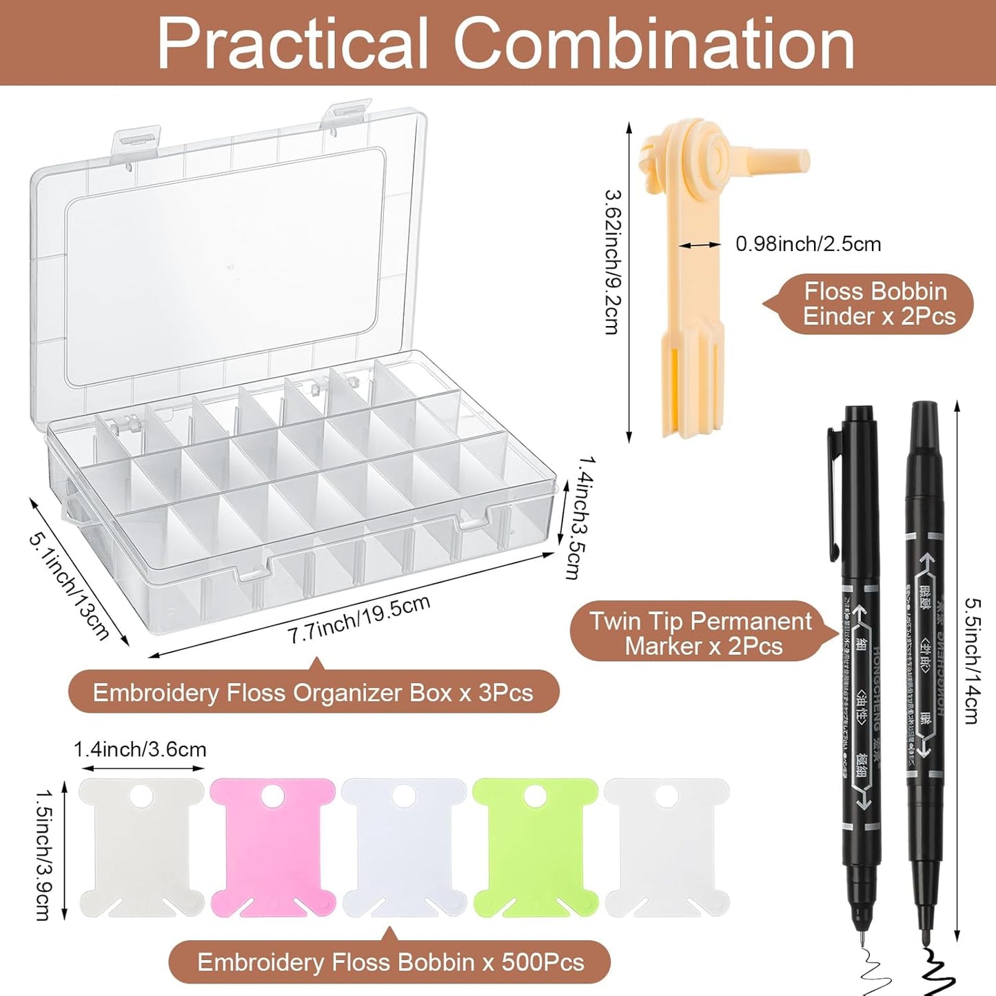 GlikCeil 507 Pcs Embroidery Floss Organizer Kit - 2 Removable 24-grid Thread Storage Boxes with Plastic Bobbins, 2 Bobbin Winders, Twin-tip Markers for Cross Stitch, DIY Sewing, Craft Storage