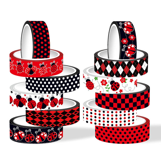 12 Rolls Insect Washi Tape, Seven Star Ladybug Masking Tape, Red Black Spots Decorative Tape for Journaling, Scrapbooking, DIY Crafts, Planner, Gift Wrapping, 16.4FT