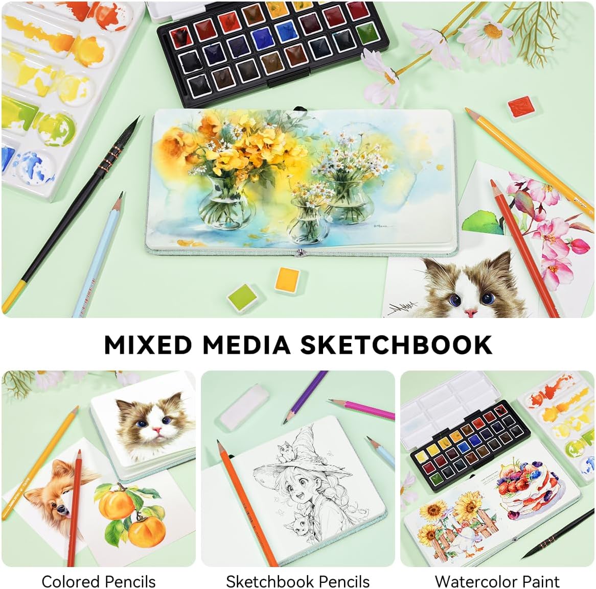 Lightwish Square Watercolor Journal,100% Cotton,300gsm/140lb,Acid-Free,24 Sheets Hot Press Watecolor Sketchbook for Artists Adults Students,4.7 * 4.7 Inches(Light Green)