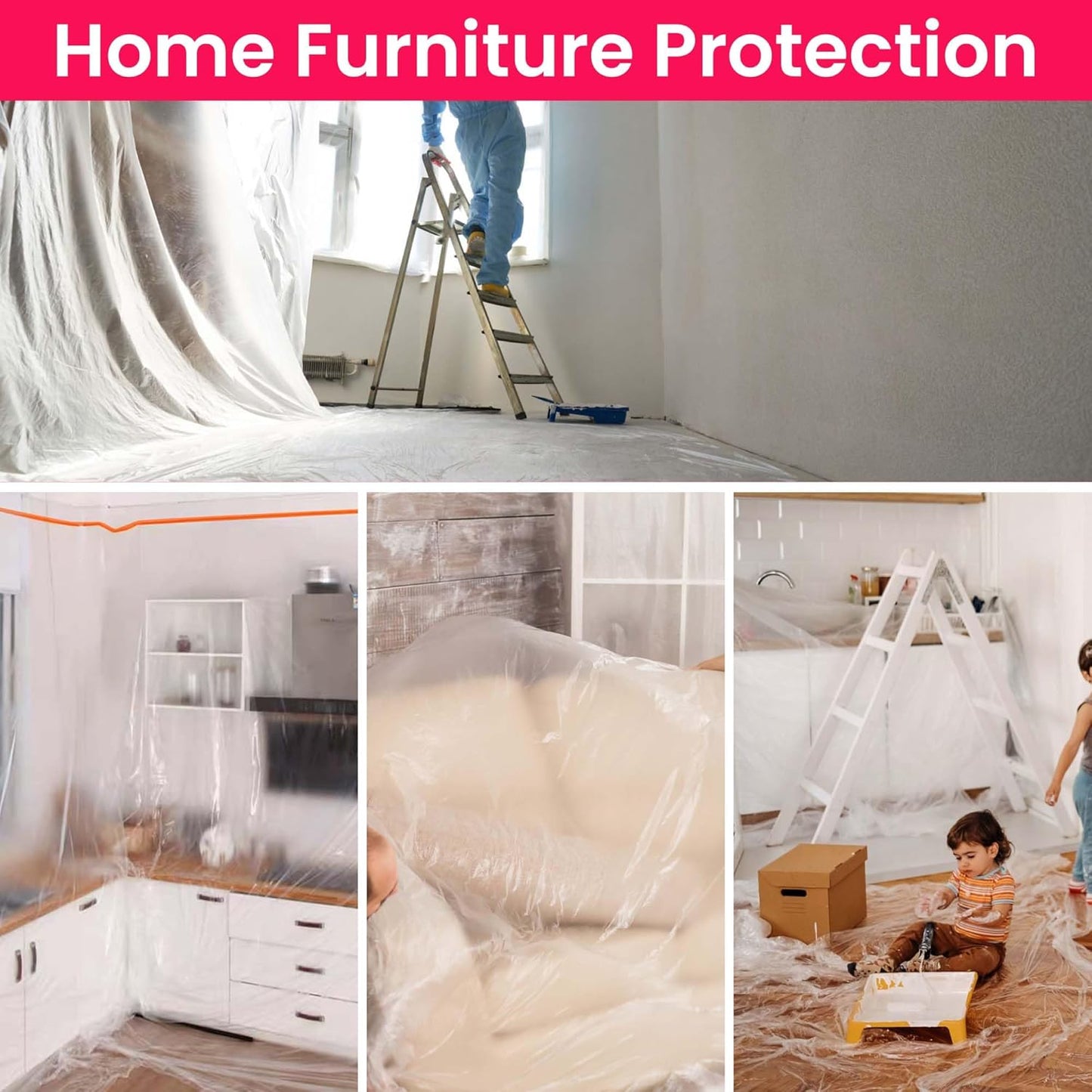 TAPEBEAR Pre-Taped Masking Film, 102" x 56Feet x 3Roll Plastic Sheeting Cover for Painting, Tape and Drape, Painters Masking Tape Film Plastic Drop Cloths for Auto, Appliance and Furniture