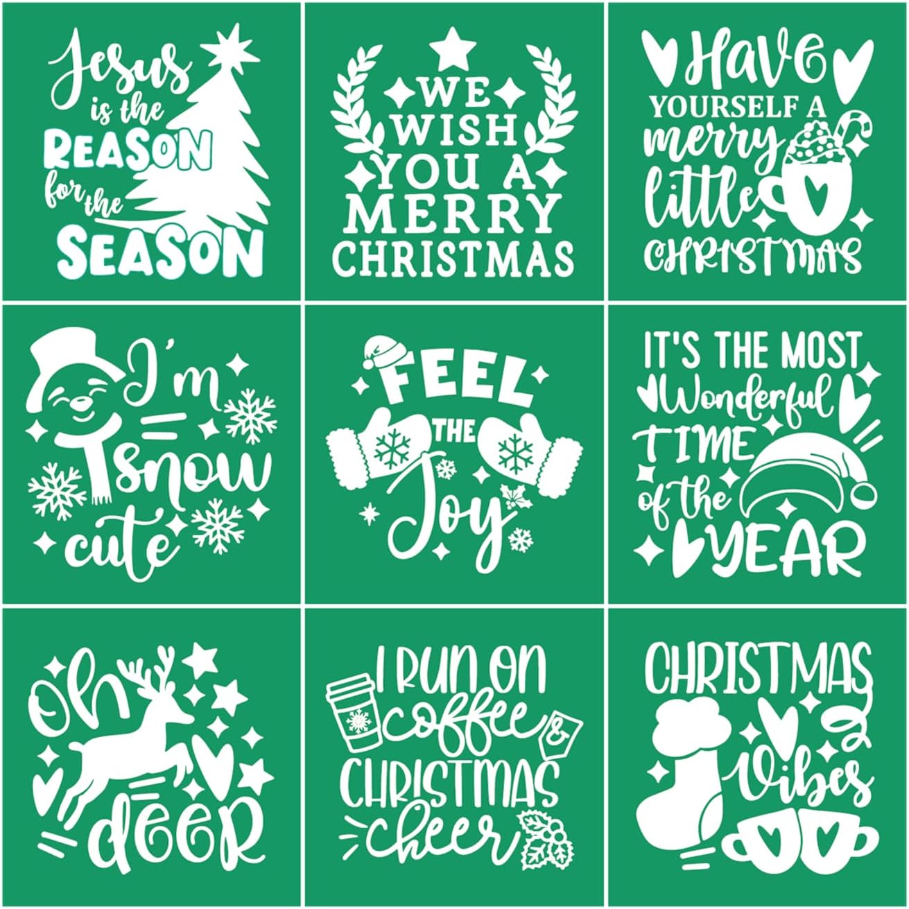 Reusable Self Adhesive Silk Screen Stencil Christmas Tree Snowman Deer Joy Stencils Silk Screen Transfer Winter Xmas Mesh Stencil for Craft on Wood, Fabric, Mug, Window, DIY Home Christmas Decor