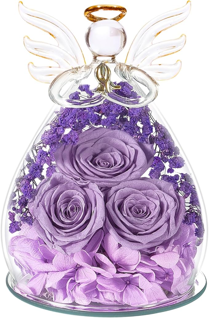 Beferr Valentines Day Rose Gifts for Her Women Mom Gifts for Birthday, Fresh Flowers for Delivery Forever Preserved Rose in Glass Angel Figurine, for Grandma Wife Daughter Girlfriend