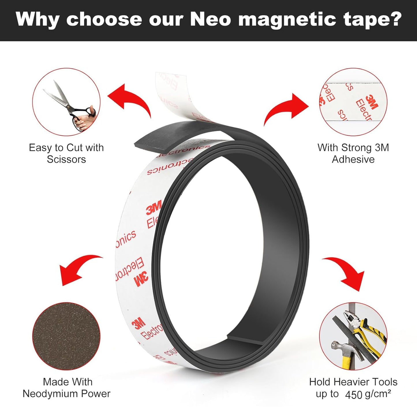 Neodymium Magnetic Tape, Flexible Magnet Tape Strips Roll (1/2'' Wide x 3.3 ft Long) with Strong 3M Adhesive Backing, Magnetic Strips Heavy Duty Perfect for Wall, DIY, Art Projects & Fridge