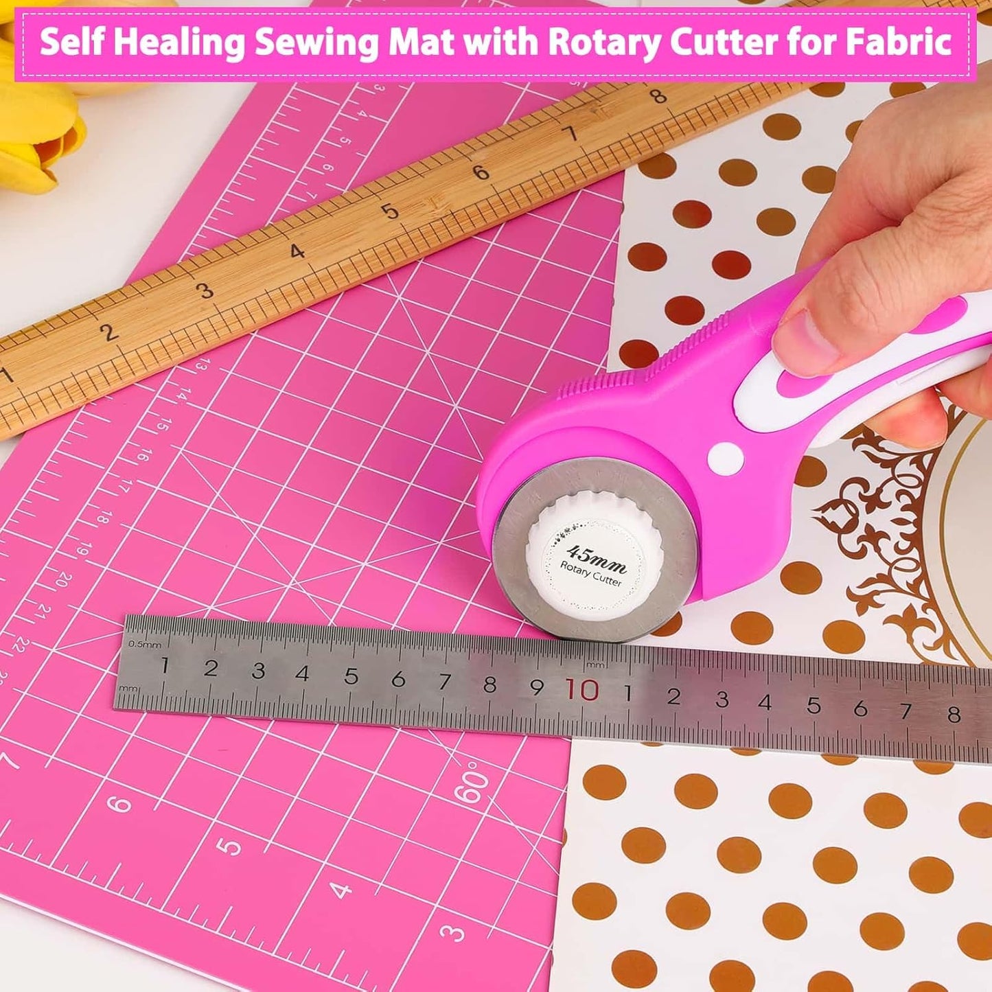 Rotary Cutter and Mat Set, Audab Self Healing Sewing Mats Shirt Cutter 45mm Fabric Cutter Wheel with 2 Blades Rotary Cutting Mat for Crafts Fabric Quilting Hobby (9" x 12" (A4)