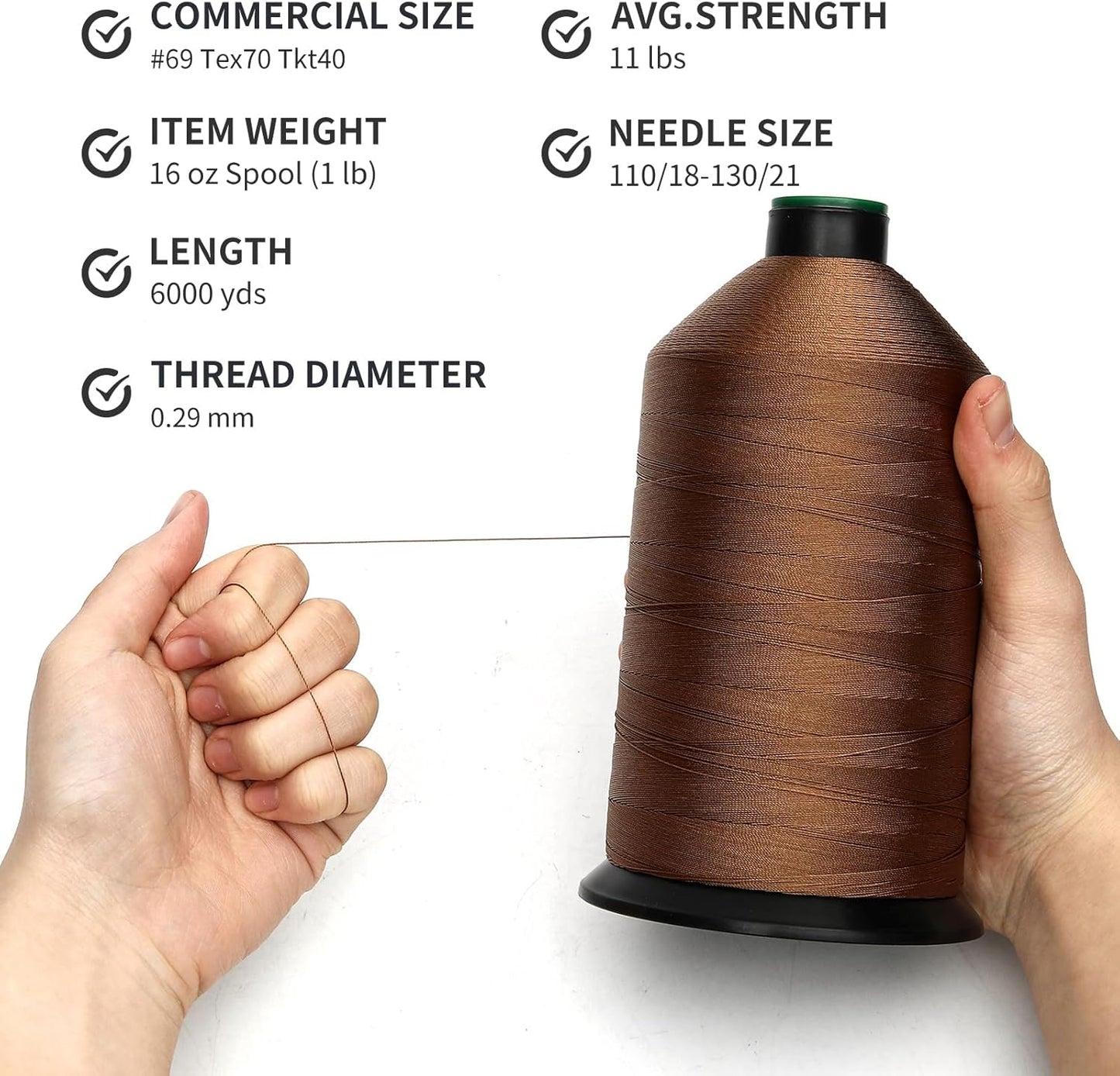 Extra Strong Bonded Nylon Thread #69 Tex70 – 16 OZ, 6000yds, Versatile Stitching Solution for Leather, Upholstery, Canvas Repair and More (Tawny Brown)