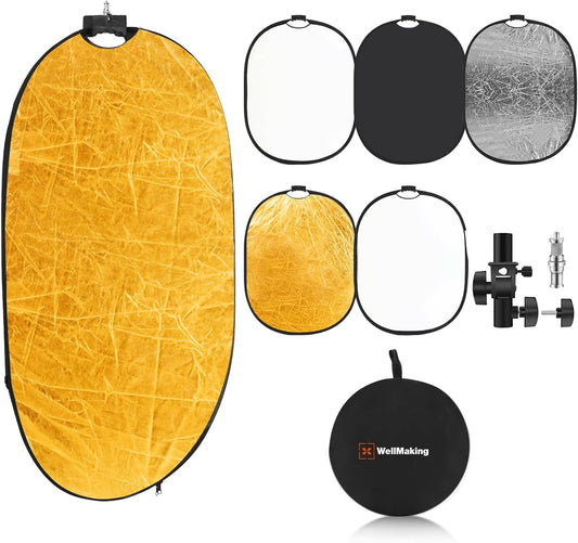 WELLMAKING 24'' x 36'' (60 x 90cm) Photography Reflector 5-in-1 Collapsible Light Reflector with Bag & tilt Adapter, Portable Light Reflector Photography Panel for Studio Video & Outdoor Lighting