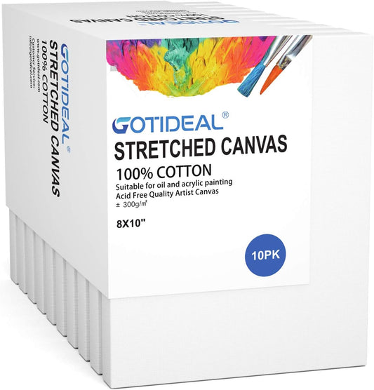 GOTIDEAL Stretched Canvas, 8x10 Inch Set of 10, Primed White - 100% Cotton Artist Canvas Boards for Painting, Acrylic Pouring, Oil Paint Dry & Wet Art Media