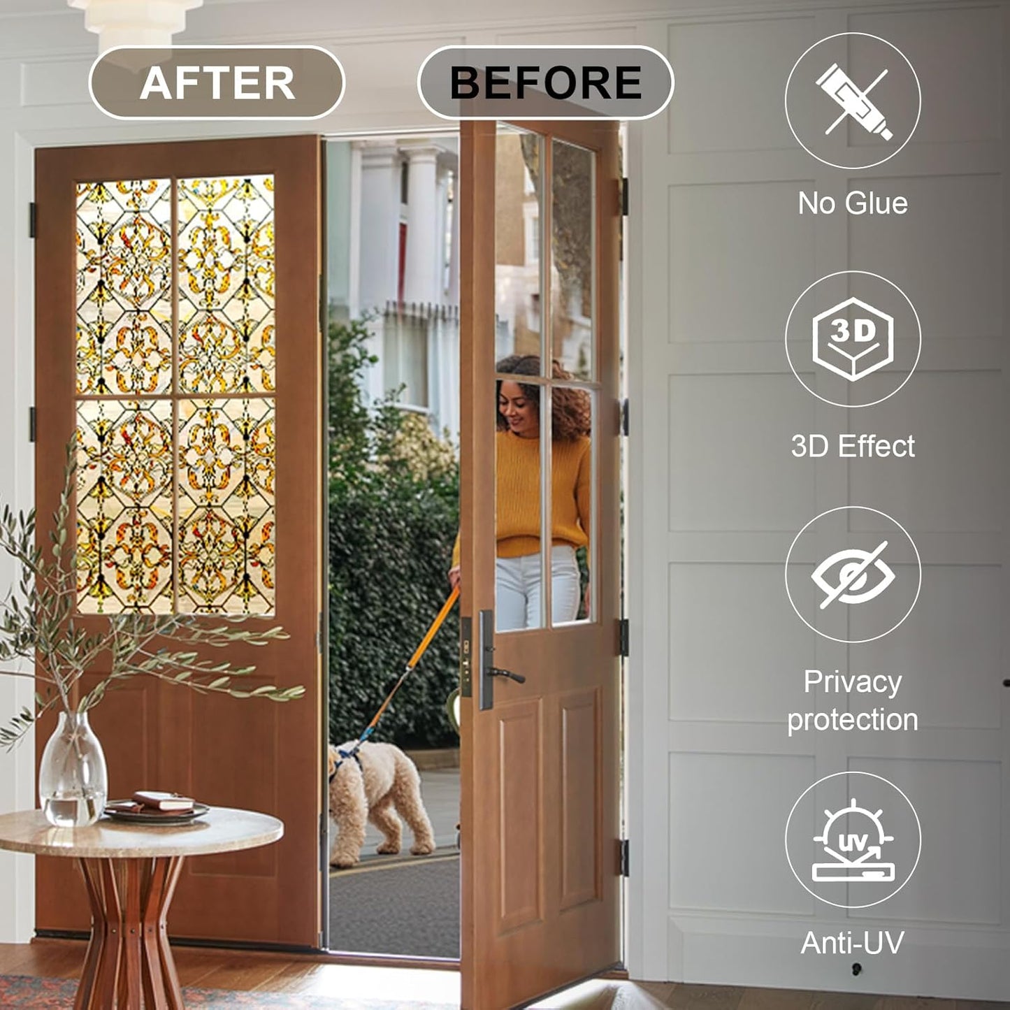 3D Stained Glass Window Privacy Film, Heat Control UV Blocking Static Cling Decorative Window Film for Bathroom,Front Door,Home Non Adhesive,GiltGaze 16.9 x 78.7 inches