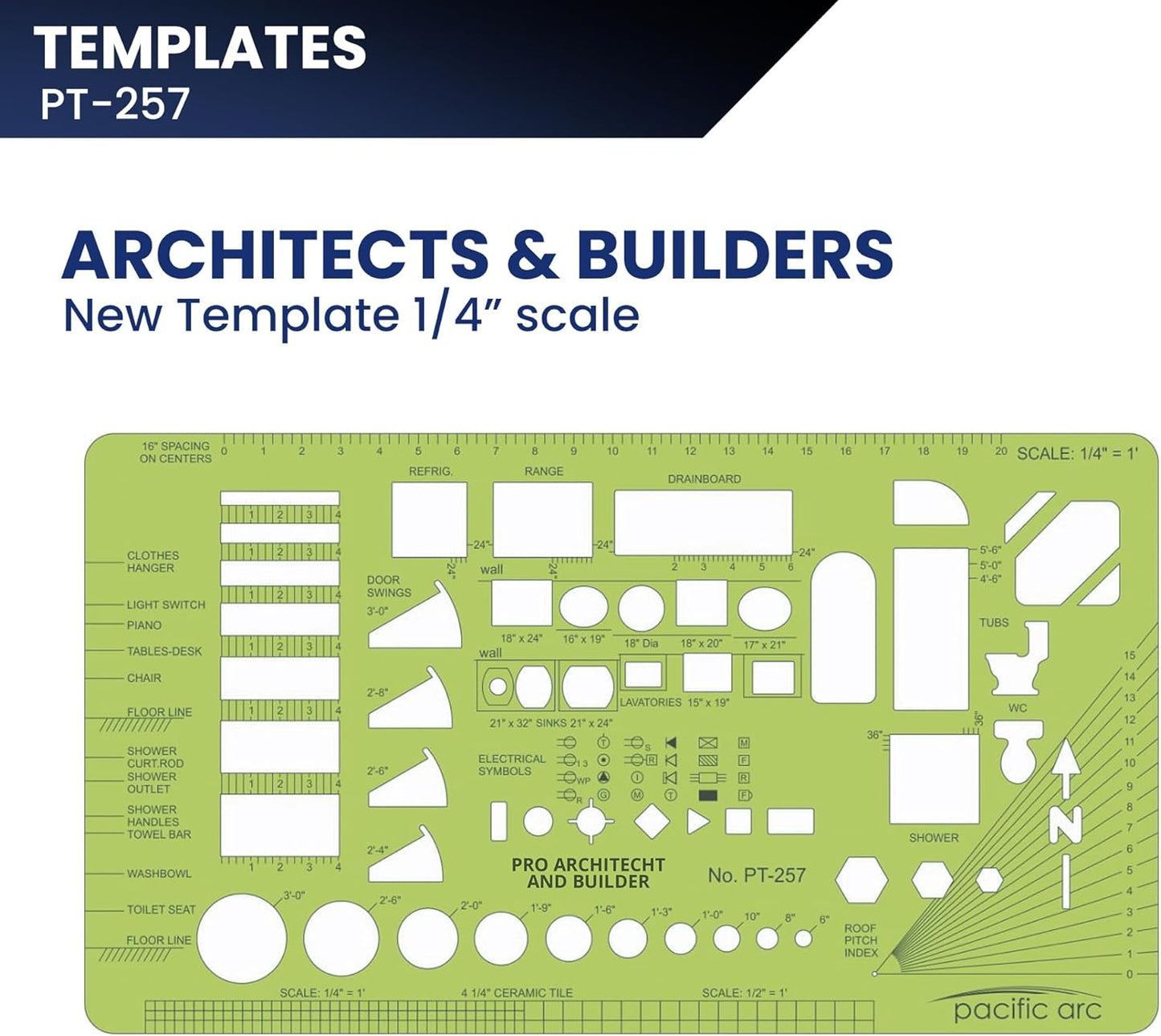 Pacific Arc, Architects & Builders Template, 1/4 in Scale, Drawing aid Stencil for Professional or School Work, Size 5.125 x 9.25 in.