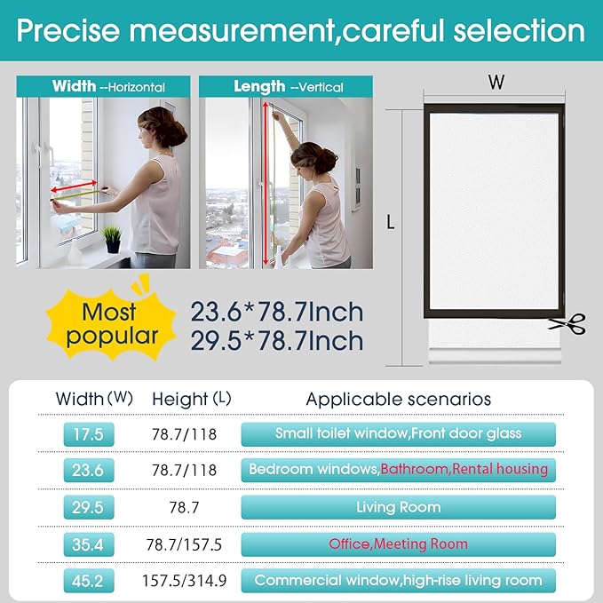 Coavas Window Privacy Film Frosted Glass Static Clings, Decorative Bathroom Door Privacy Film Day and Night, Heat UV Blocking Anti-Glare Frosting Stickers Renter Non-Adhesive, 23.6 x 157.5 Inch, White