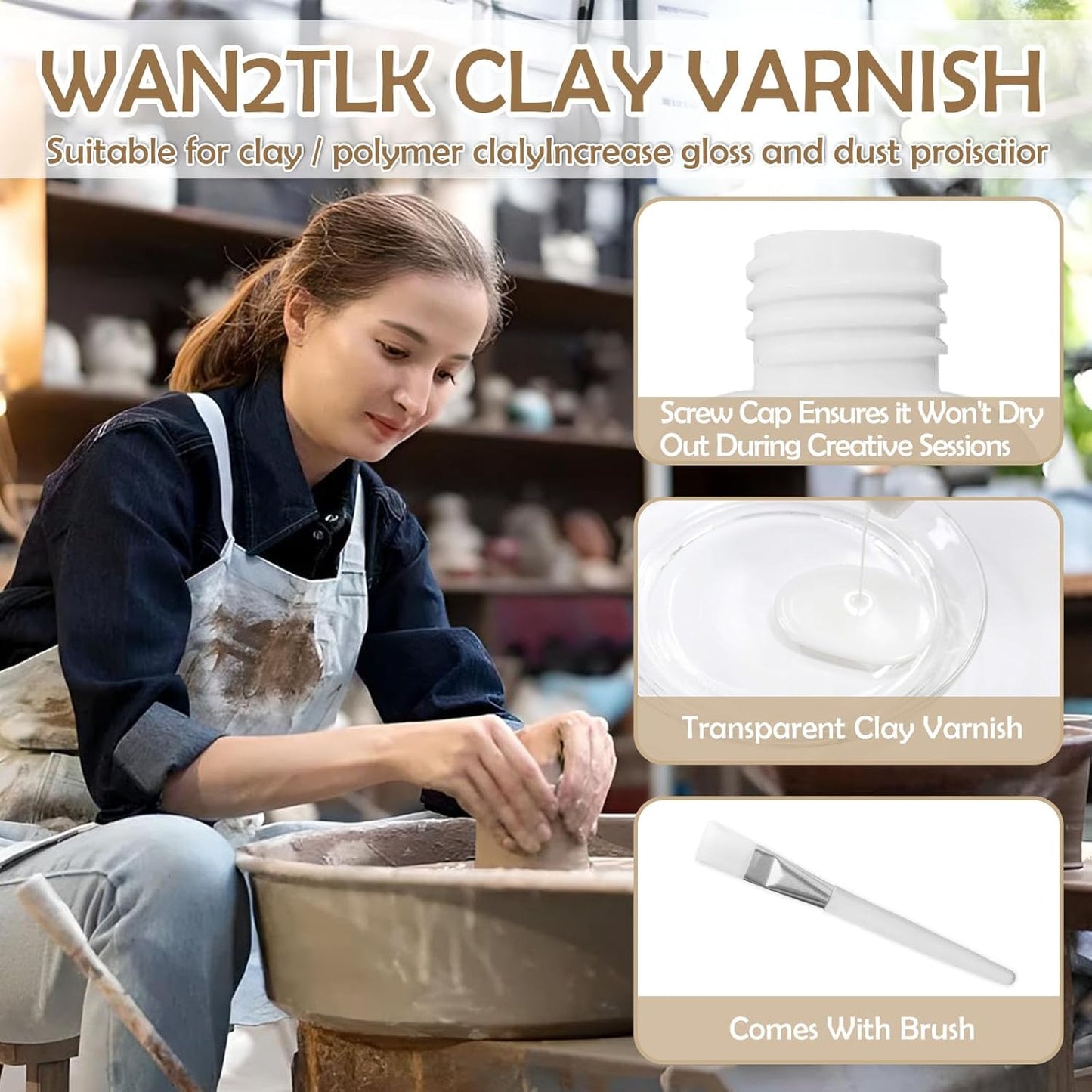 Air Dry Clay Glaze & Varnish 2-Pack (Matte & Gloss) - 100ml Each with Brush, Waterproof & Scratch Resistant Gloss Clay Varnish for Pottery/DIY Crafts/Sculptures