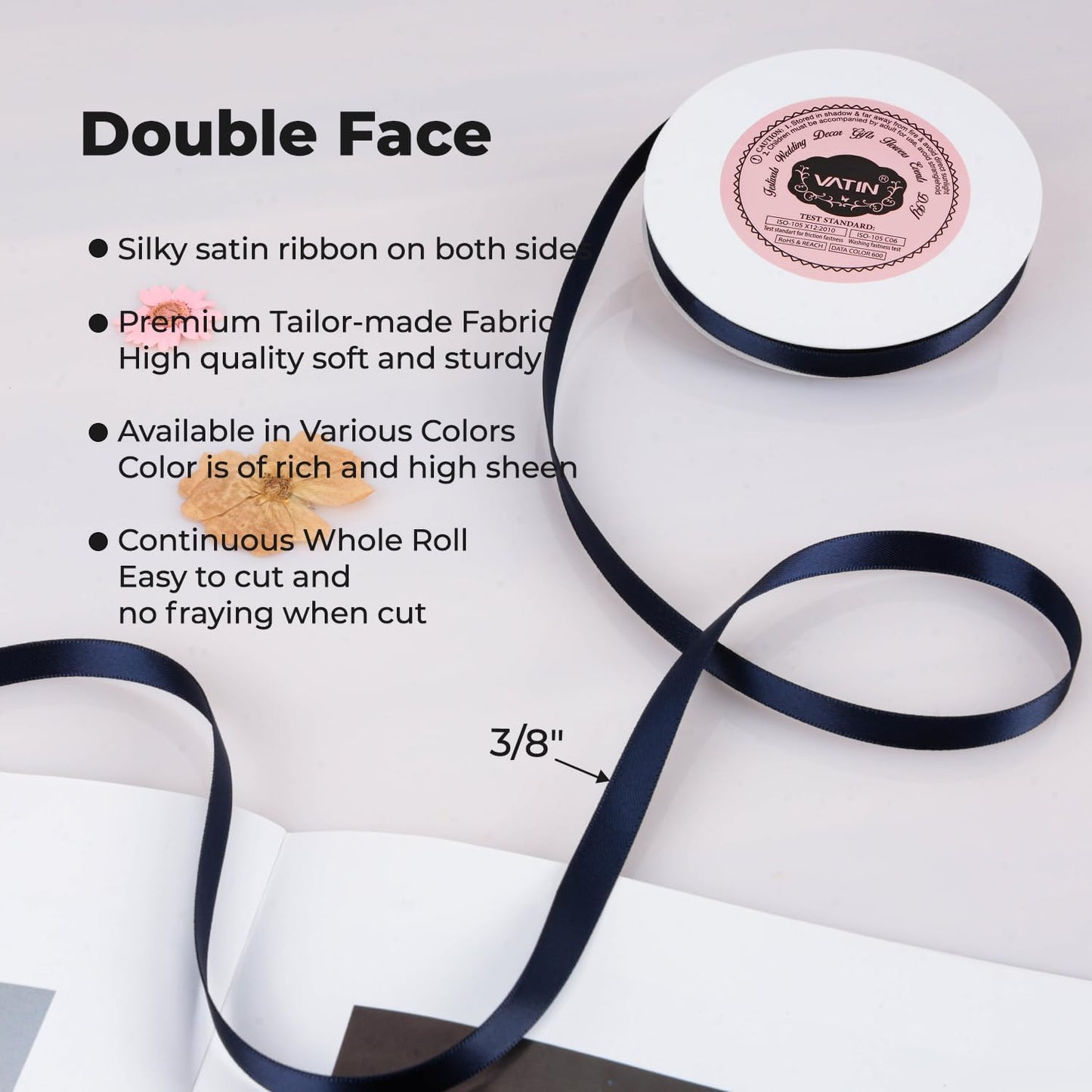 VATIN Double Face Deep Navy Blue Satin Ribbon 3/8" Continuous 50 Yards,Navy Blue Polyester Fabric Ribbon use for Bows Bouquet, Gift Wrapping, Floral Arrangement Wedding Decoration