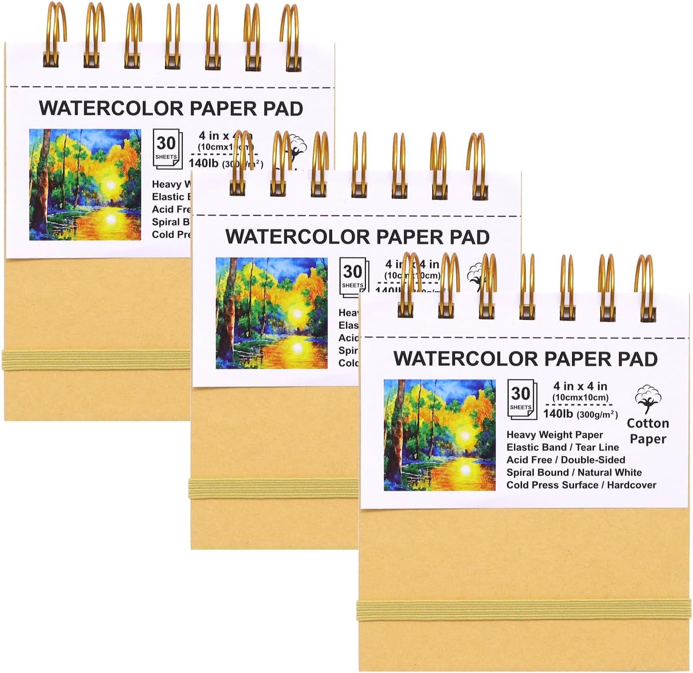 Mini Watercolor Paper Pads, 4x4, 3Pack, Kraft Hardcover Sketch Books, 140lb/300gsm Heavyweight Cotton Paper, Spiral Bound, Cold Pressed, Dual-Sided(Smooth&Texture),Painting Paper for Artists Students